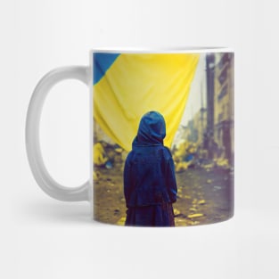 Ukrainian kid walks in street alone Mug